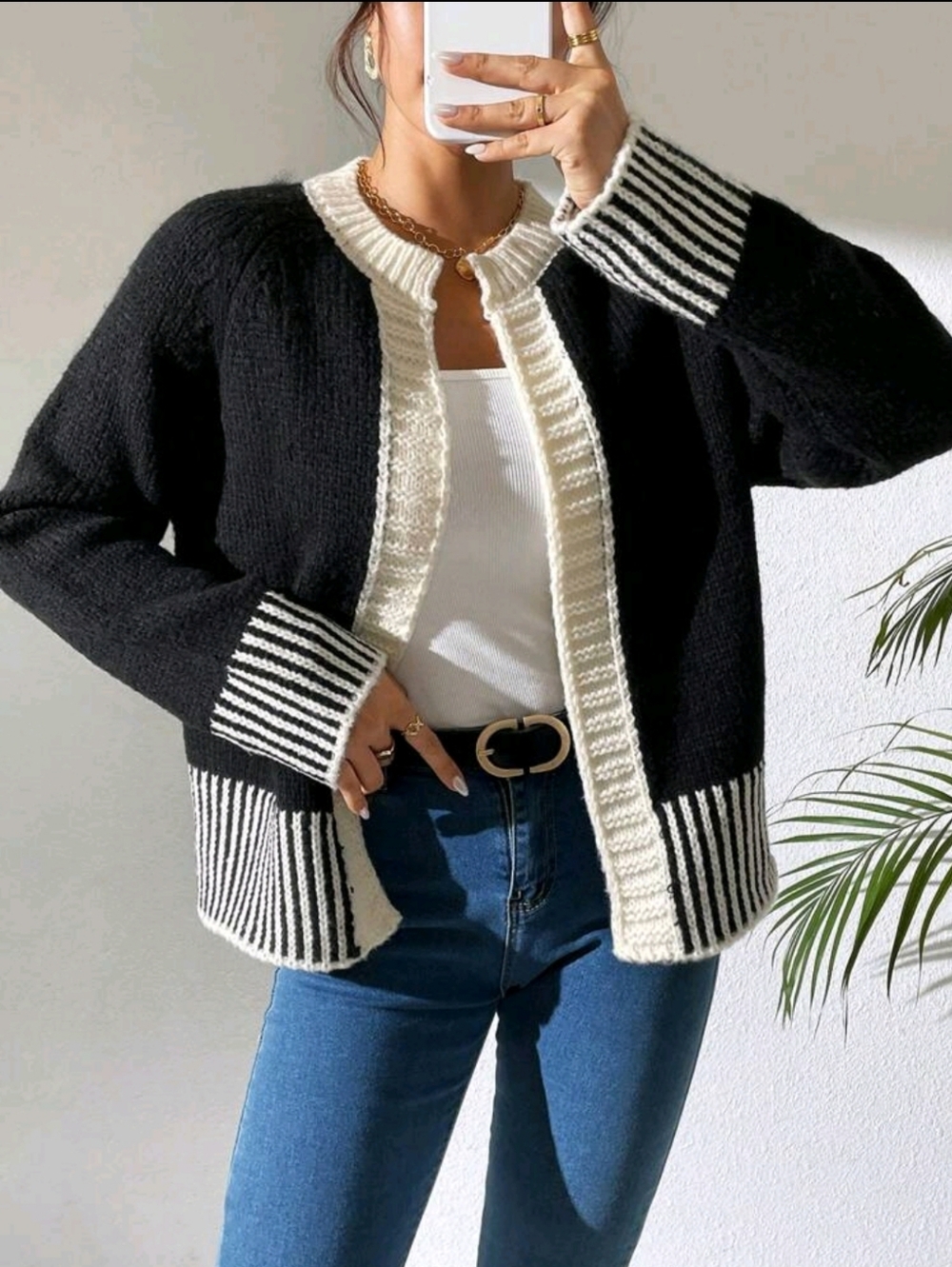 Black and White Striped Trim Open-Front Knit Cardigan